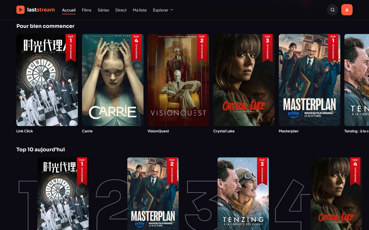 Laststream home screen: rows of movie and series posters, with the Top 10 of the day.