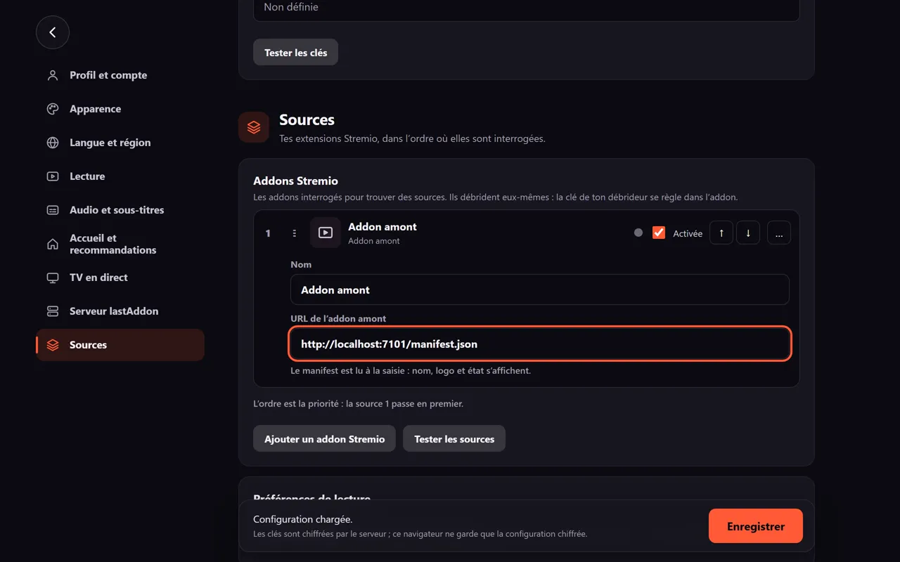 Carte «&nbsp;Addons Stremio&nbsp;»&nbsp;: le champ «&nbsp;URL de l’addon amont&nbsp;» est actif et contient une adresse qui se termine par /manifest.json.