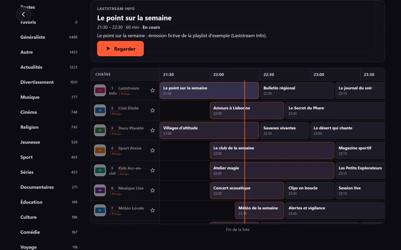 Fiche du programme «&nbsp;Le point sur la semaine&nbsp;» au-dessus du guide&nbsp;: 21:30 à 22:30, en cours, avec le bouton «&nbsp;Regarder&nbsp;».